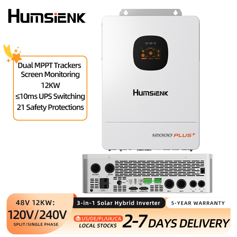 Mppt Hybrid Inverter 48V 8Kw 3 Phase - Humsienk 48V 12KW/8KW 3-in-1ソーラーハイブリッドインバーター、デュアルMPPT、120V/240V単相/三相、12kW純正弦波出力、安全保護機能付き、USB/RS485/CAN対応、LCDディスプレイ＆リモートモニタリング機能搭載、オフグリッドシステム用