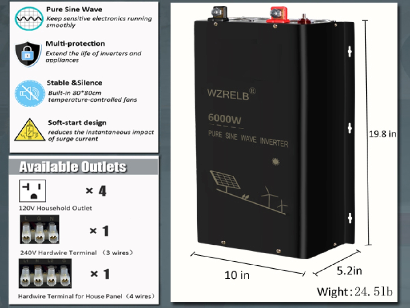 Off Grid Solar Inverter 48V 6000W - 6000Wオフグリッド単相純正弦波インバーターソーラーパネル発電機24V/36V/48V/72V/96V DCから110/220V、120/240Vへのコンバーター